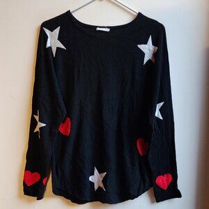 brit.ny Black Stars Hearts Scoop Neck Sweater Size Large